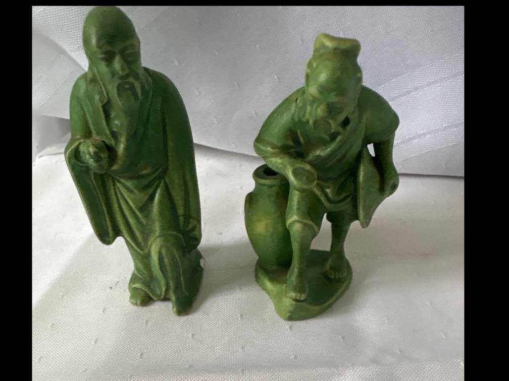 Pair of Green Glazed Ceramic Asian Figurines