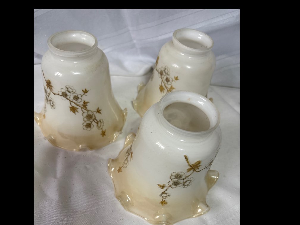 Set of 3 Milk Glass Bell-Shaped Lamp Shades with Floral Branch Decoration and Ruffled Amber Rims