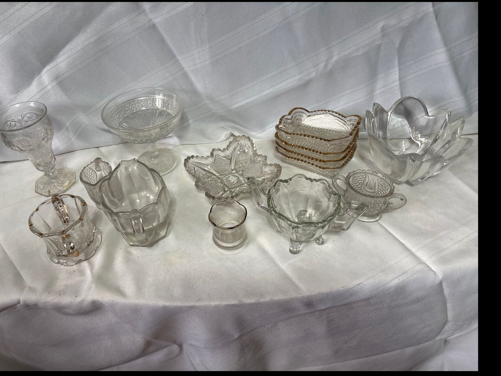 Clear Pressed Glass Tableware Collection with Compote, Bowls, Creamers, and Dishes
