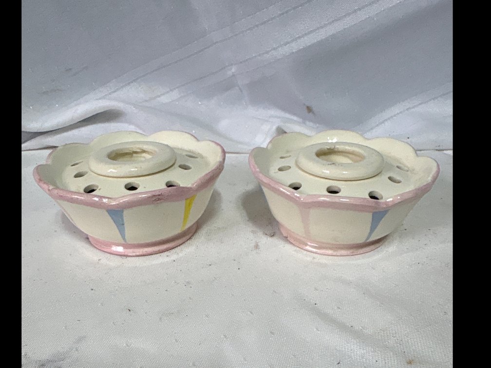 Pair of Holt-Howard Ceramic Flower Frog Candle Holders, 1958