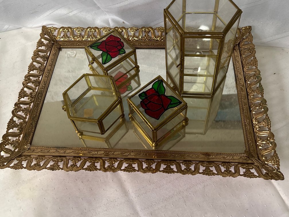 Mirrored Vanity Tray and Brass-Framed Glass Trinket Boxes (5)