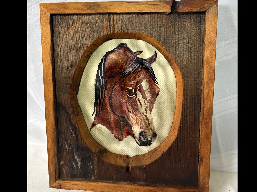 Framed Cross-Stitch Horse Head Portrait in Rustic Wood Frame