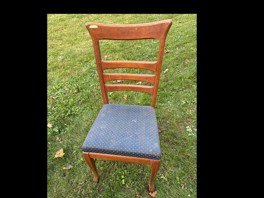 Oak Ladder-Back Dining Chair with Blue Patterned Upholstered Seat