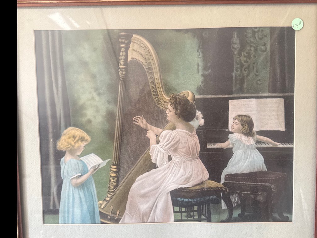Framed Color Art Print of Musical Scene with Woman Playing Harp, 22 x 18