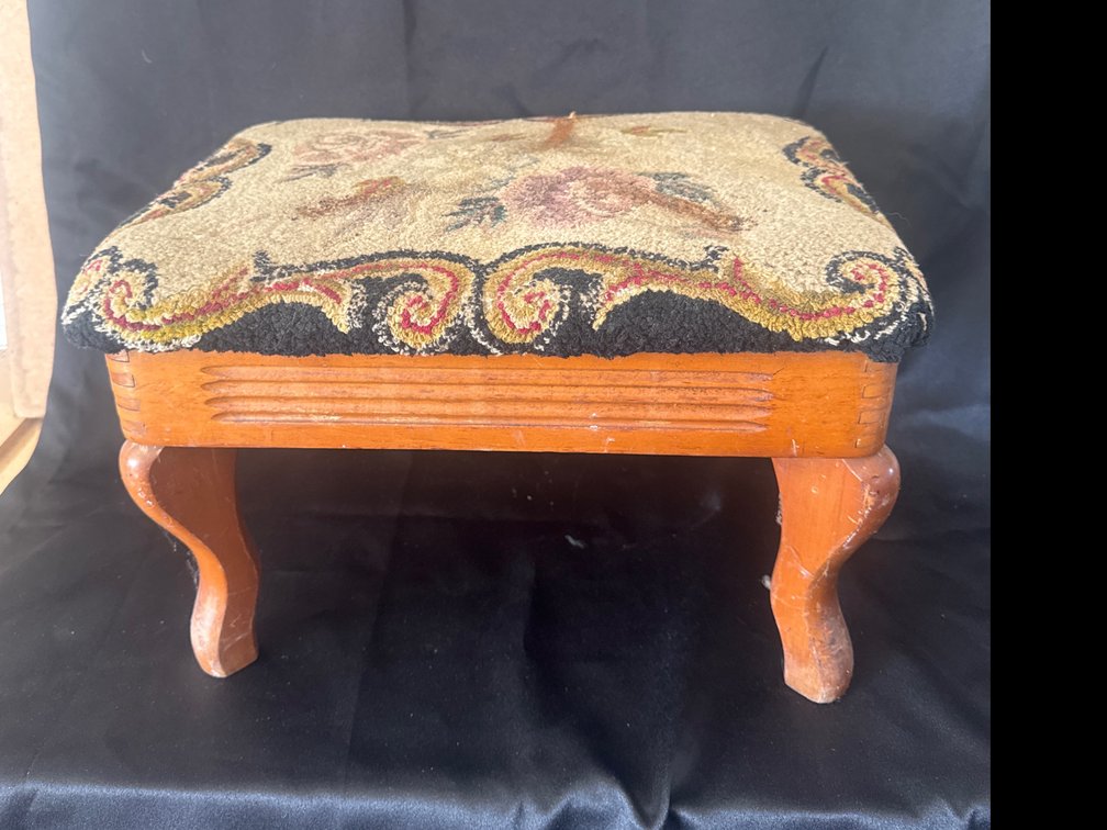 Wooden Footstool with Floral Needlepoint Cushion and Bentwood Container