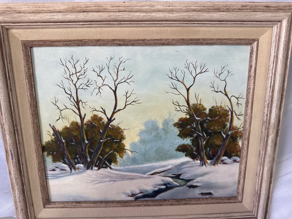 Framed Oil on Masonite Winter Landscape Painting