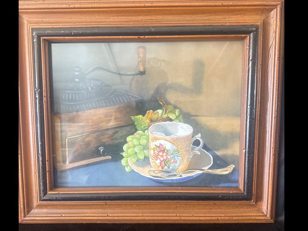 Framed Still Life Painting of Coffee Grinder, Teacup, and Grapes Signed Gamerdinger