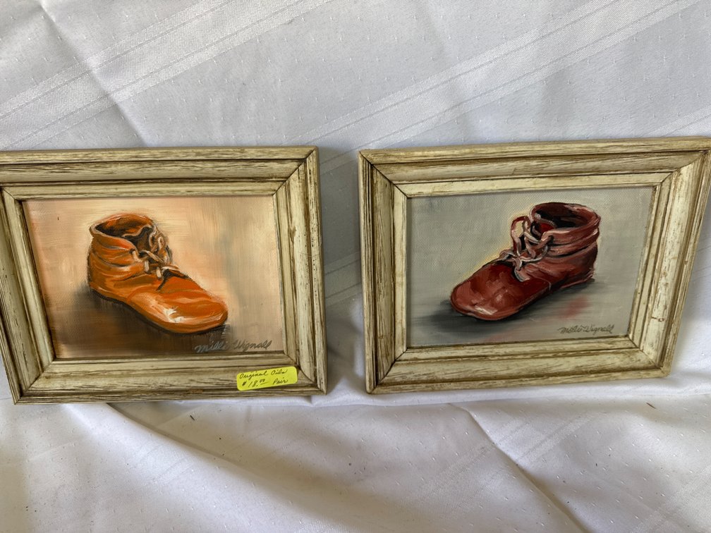 Pair of Framed Oil Paintings of Shoes Signed Millie Vignali