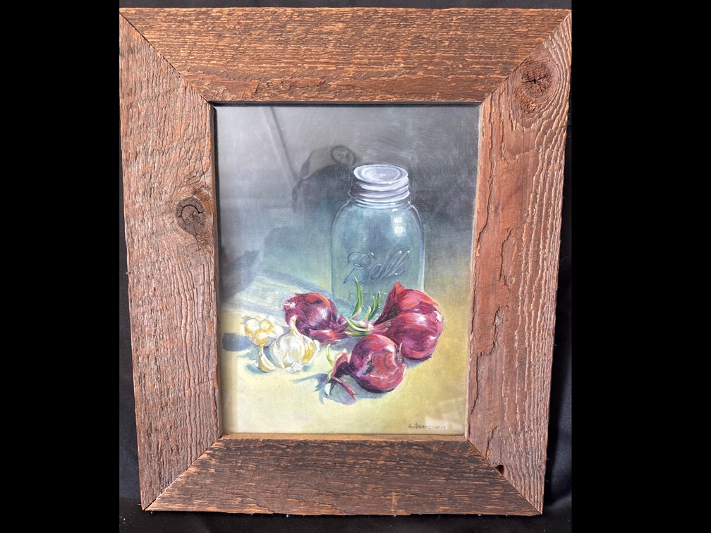 Framed Still Life Painting of Ball Canning Jar, Red Onions, and Garlic, 14 1/2 x 17 1/2