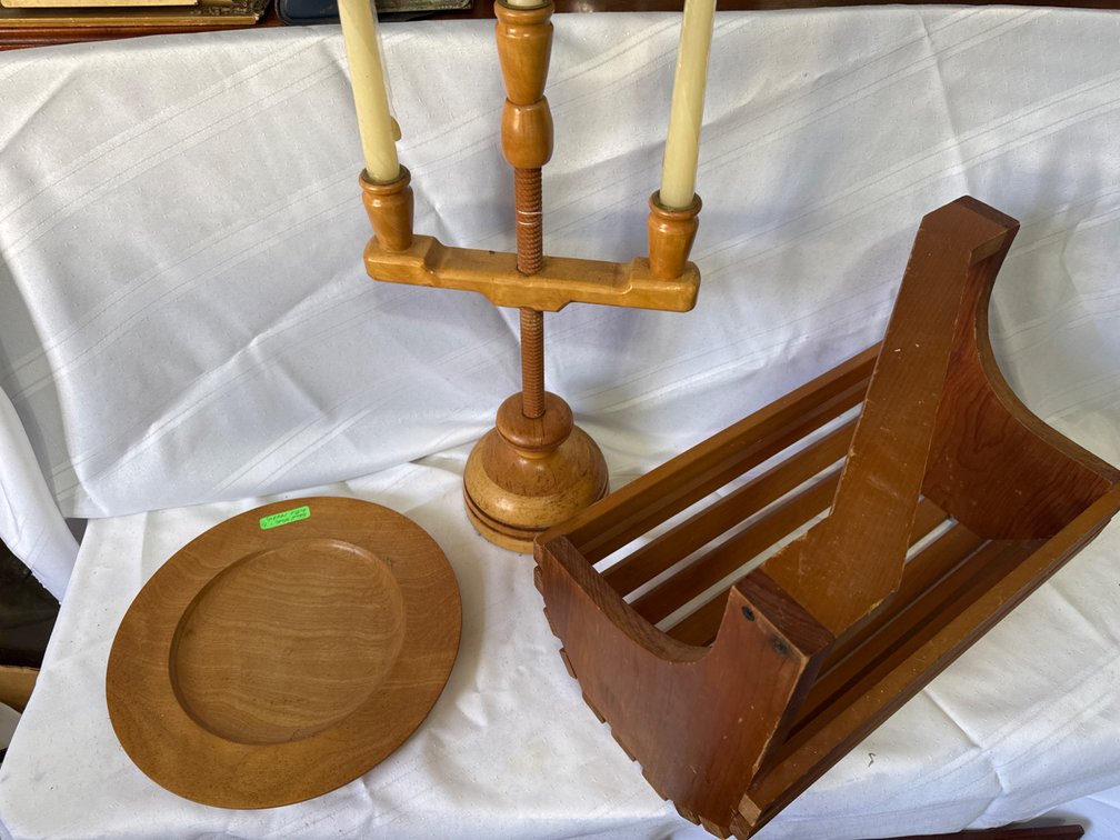 Wooden Home Decor Lot of 3: Adjustable Candelabra, Plate, and Slatted Caddy