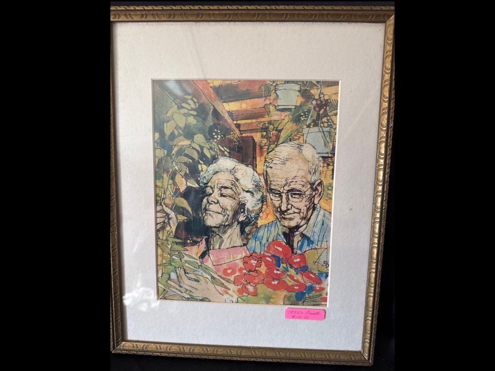 Framed Color Print of Elderly Couple with Flowers