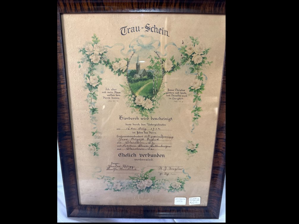 Framed German Marriage Certificate (Trau-Schein), 1922