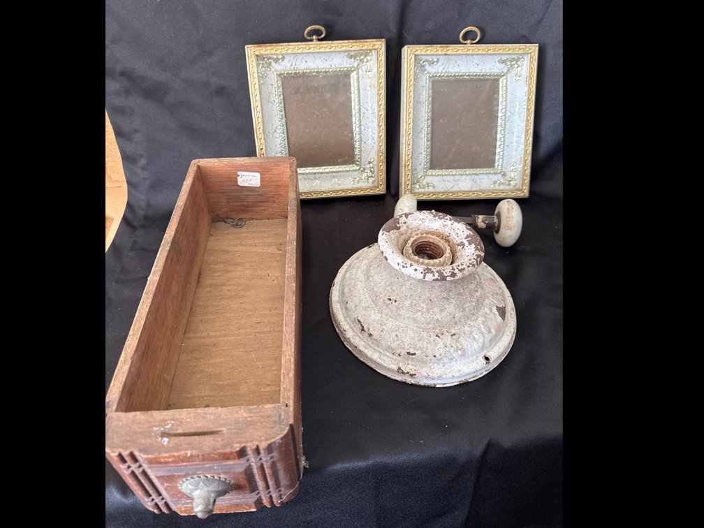 Vintage Household Lot with Wooden Sewing Machine Drawer, Picture Frames, and Porcelain Doorknobs