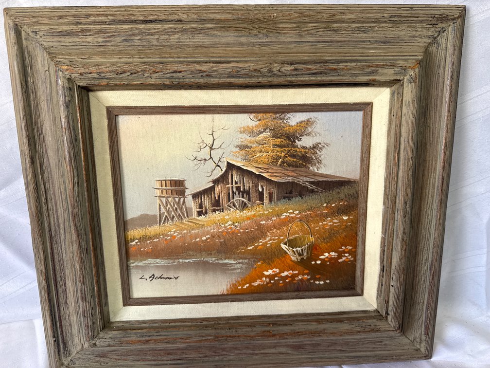 Framed Rustic Landscape Painting of Barn and Water Tower, Signed