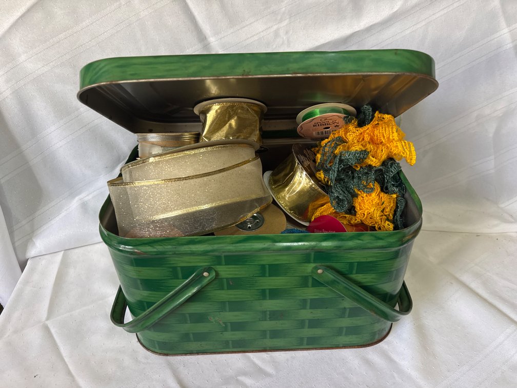 Green Lithographed Tin Picnic Basket with Ribbons and Craft Trim