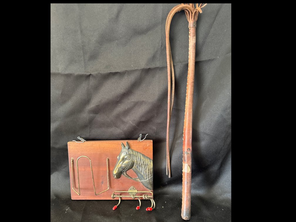 Wooden Horse-Themed Wall Organizer and Leather Whip (2)