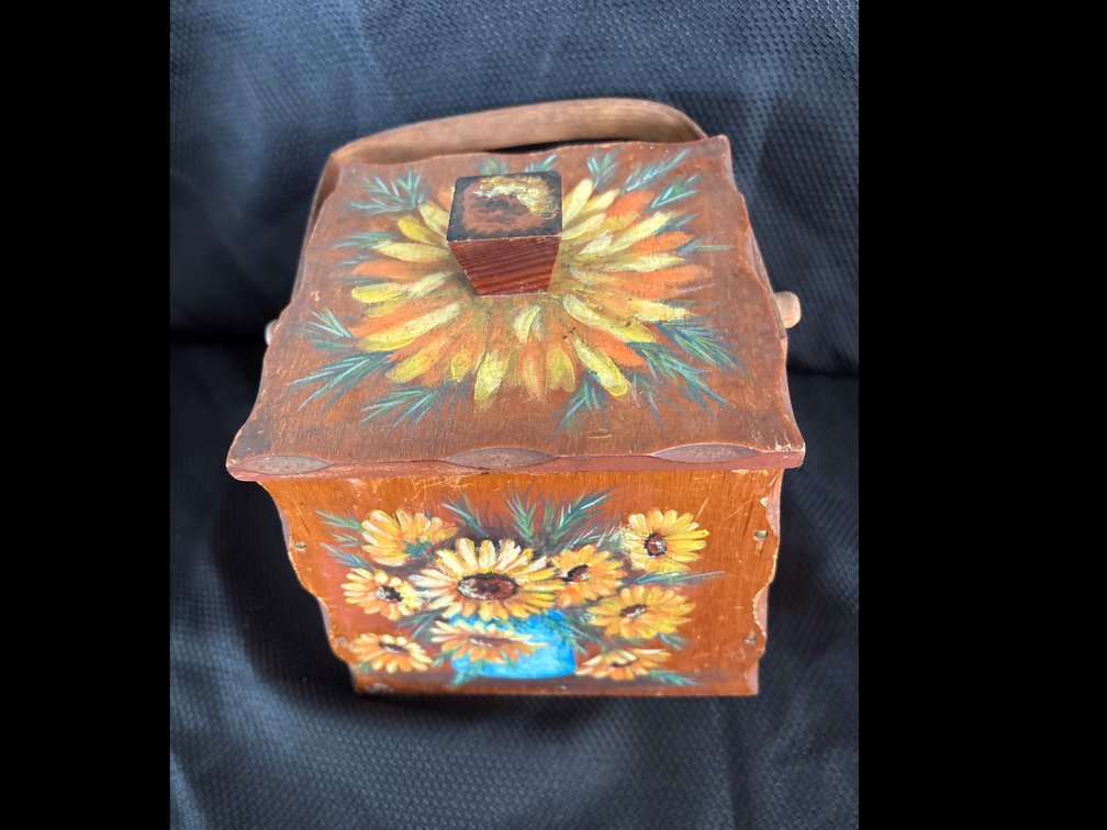 Hand-Painted Wooden Box with Handle and Sunflower Motif