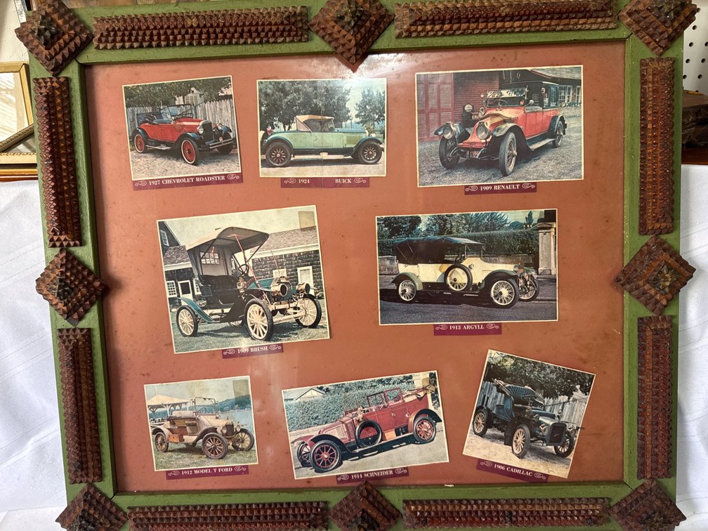 Framed Tramp Art Collage of Automobile Prints