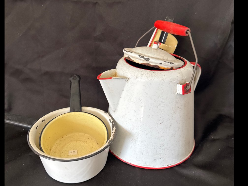Enamelware Coffee Kettle, Nesting Saucepans, and Dipper