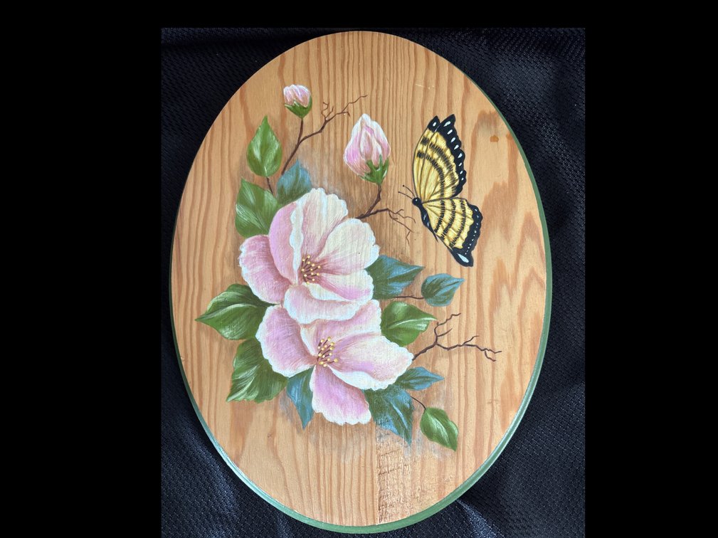 Hand-Painted Oval Wood Plaque with Floral Motif and Swallowtail Butterfly