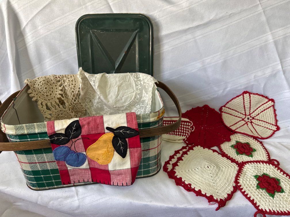 Plaid Metal Picnic Basket, Crocheted Linens, and Cloth Napkin