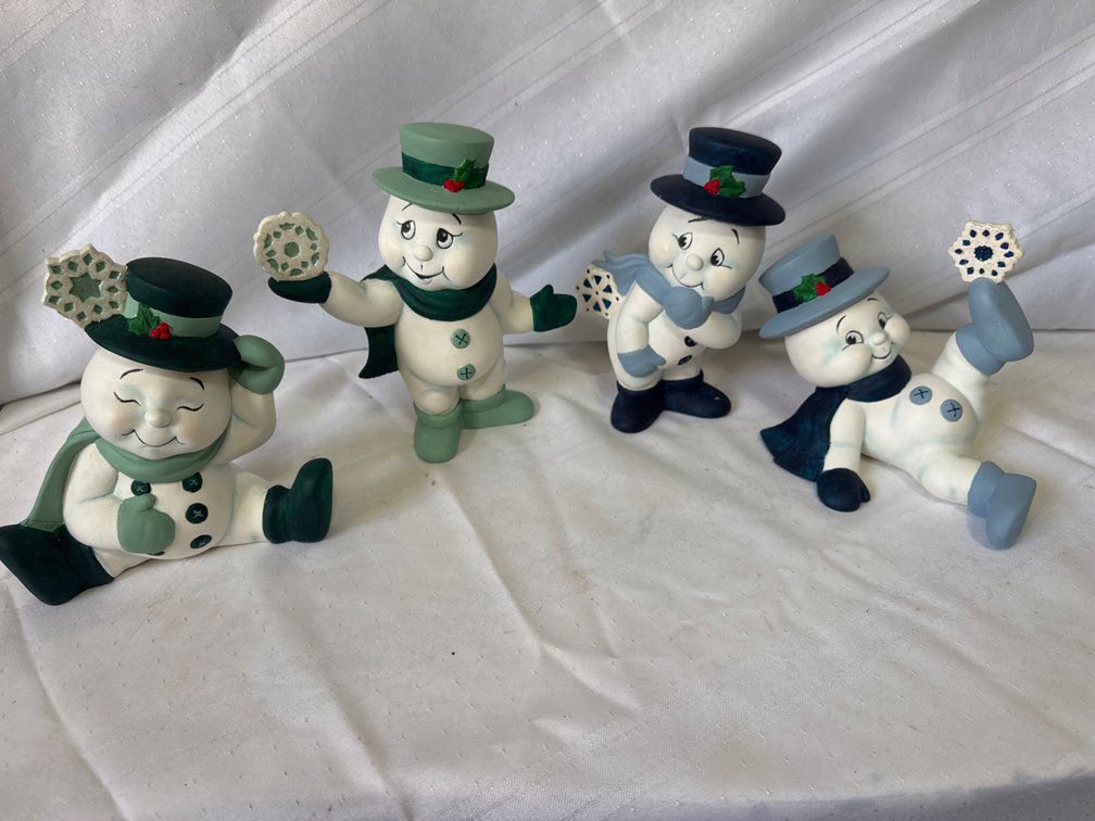 Set of 4 Painted Ceramic Snowman Figurines Signed Poot