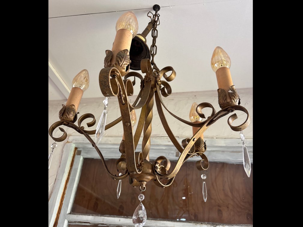 Gilt Metal Five-Light Scroll Chandelier with Crystal Prisms