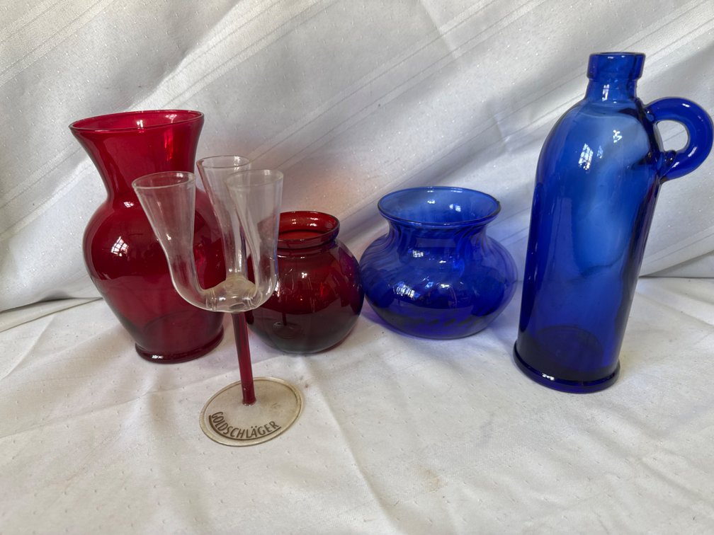 Ruby Red and Cobalt Blue Glass Vases, Bottle, and Novelty Stemware