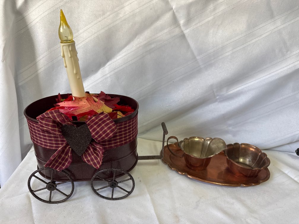 Decorative Metal Wagon Candle Arrangement and Miniature Copper-Tone Tray Set