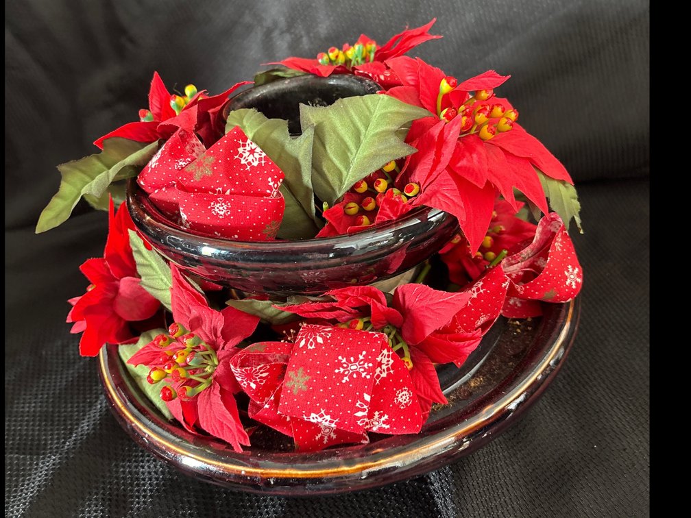 Glazed Ceramic Tiered Centerpiece Candle Holder with Artificial Poinsettias