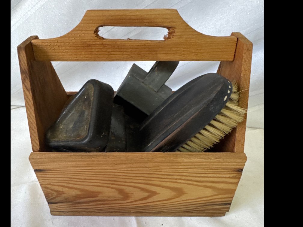 Wooden Tote Caddy with Metalware, Brushes, and Utility Items