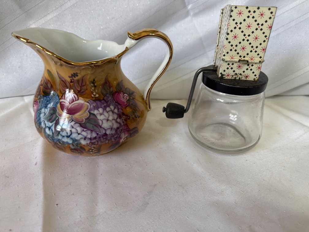 Vintage Ceramic Pitcher and Vintage Manual Nut Chopper