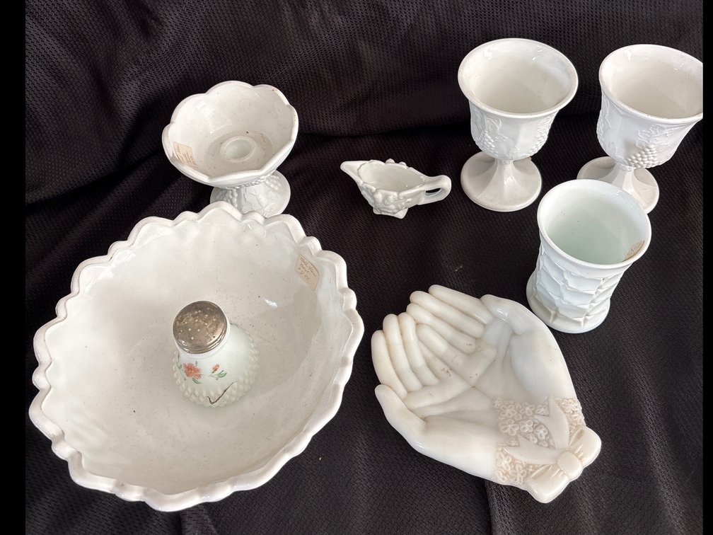 White Milk Glass Tableware and Decorative Assortment, 8 Pieces