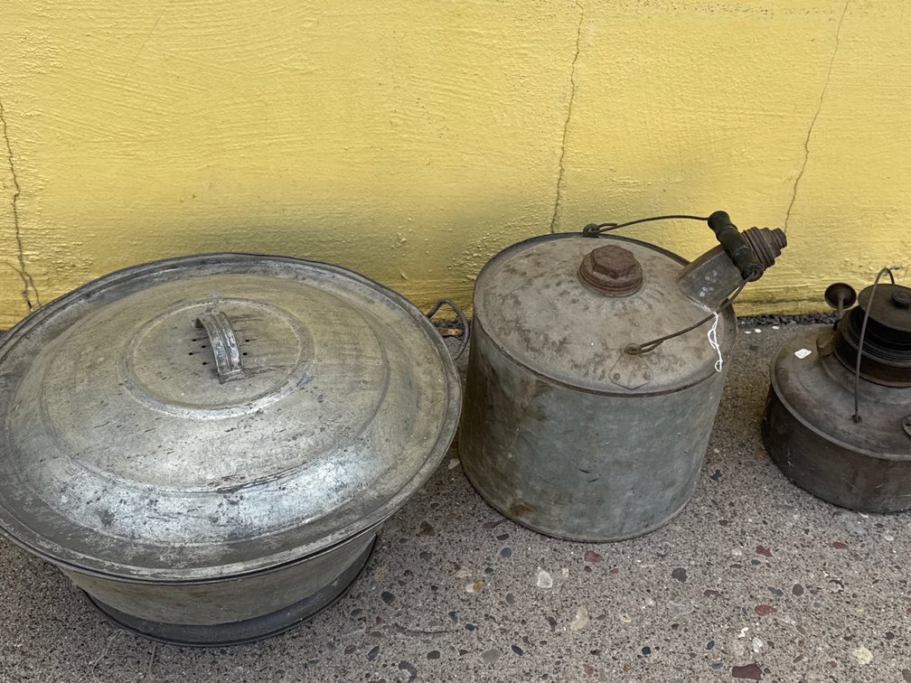 Galvanized Metal Basin, Fuel Can, and Lamp Base