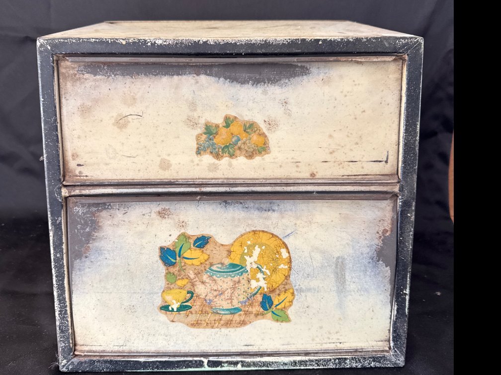Vintage Metal Two-Drawer Kitchen Storage Cabinet with Decals