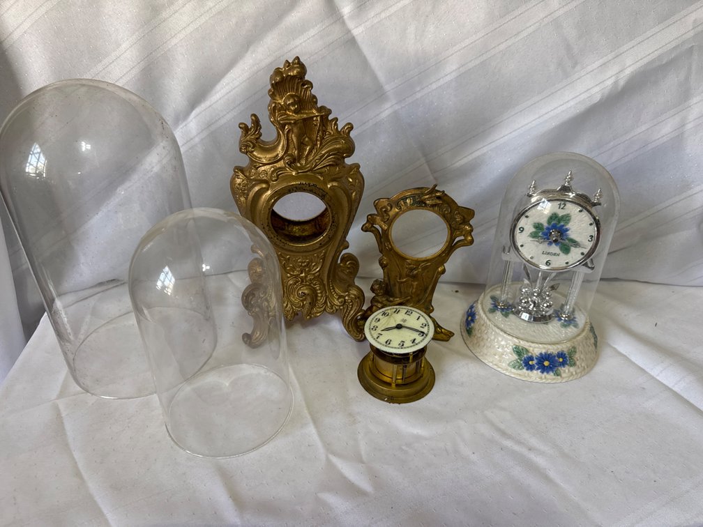 Clock Lot with Linden Dome Clock, Cast Metal Cases, Movement, and Glass Cloche Domes