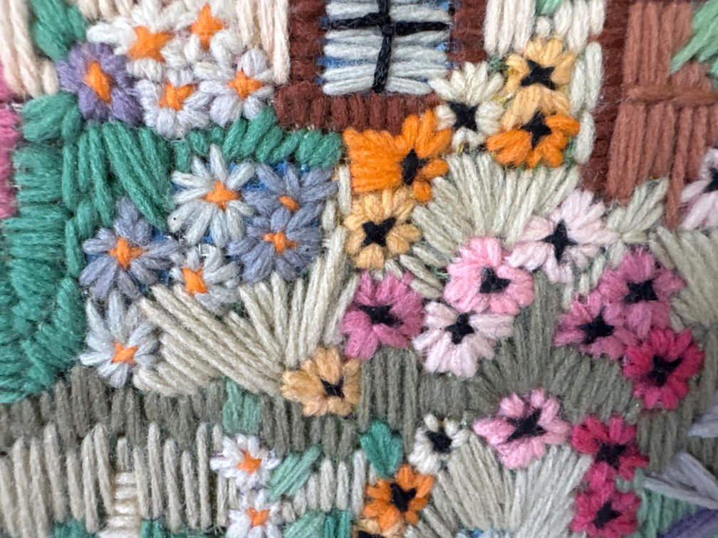 Needlework Crewel Yarn Cottage Garden Embroidery on Board, 14x11