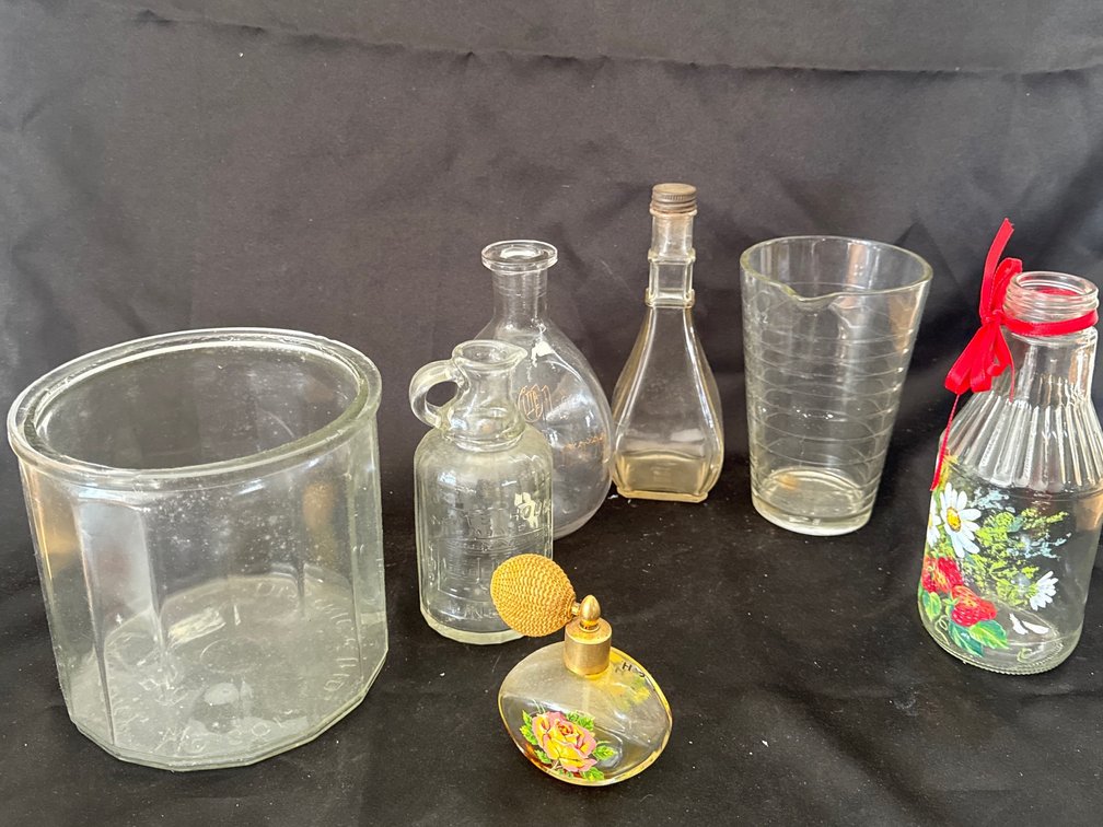 Clear Glass Bottles, Jar, Measuring Beaker, and Perfume Atomizer