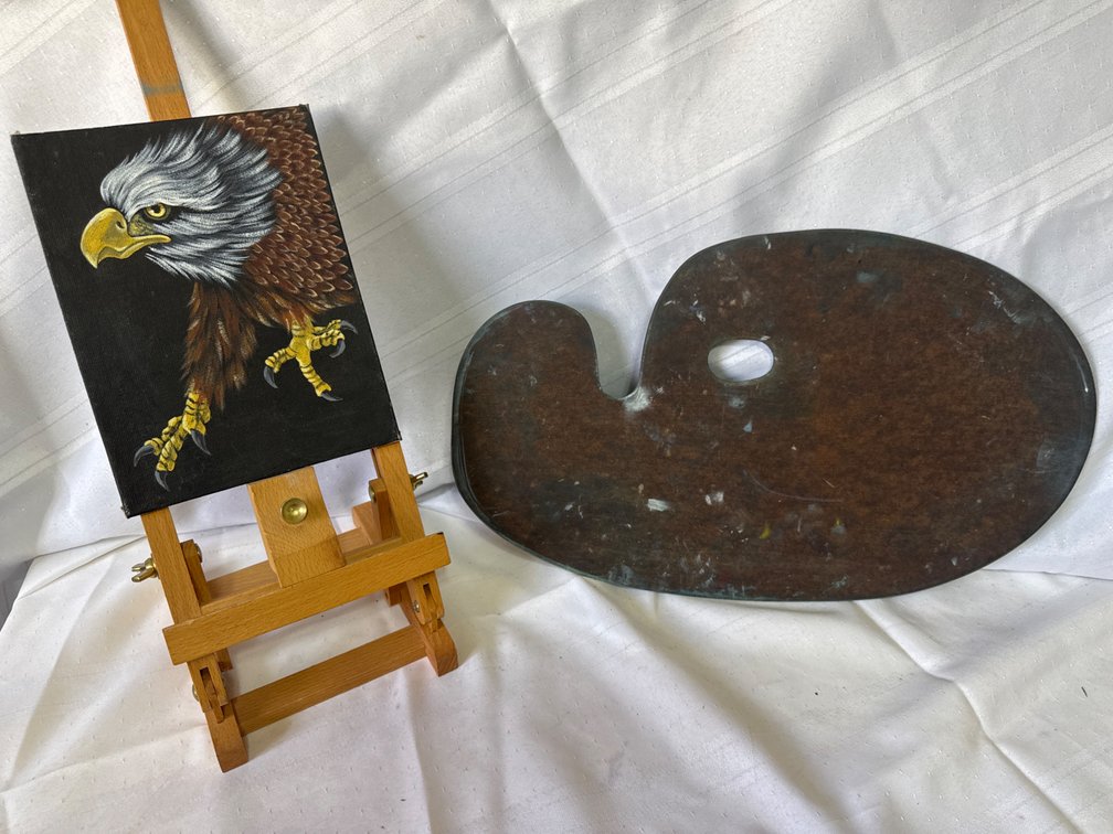 Bald Eagle Canvas Painting on Miniature Tabletop Easel and Artist Palette