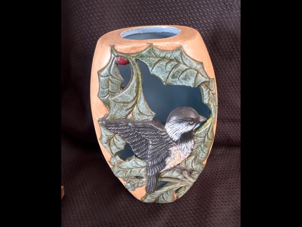 Root Ceramic Chickadee and Holly Cut-Out Vase