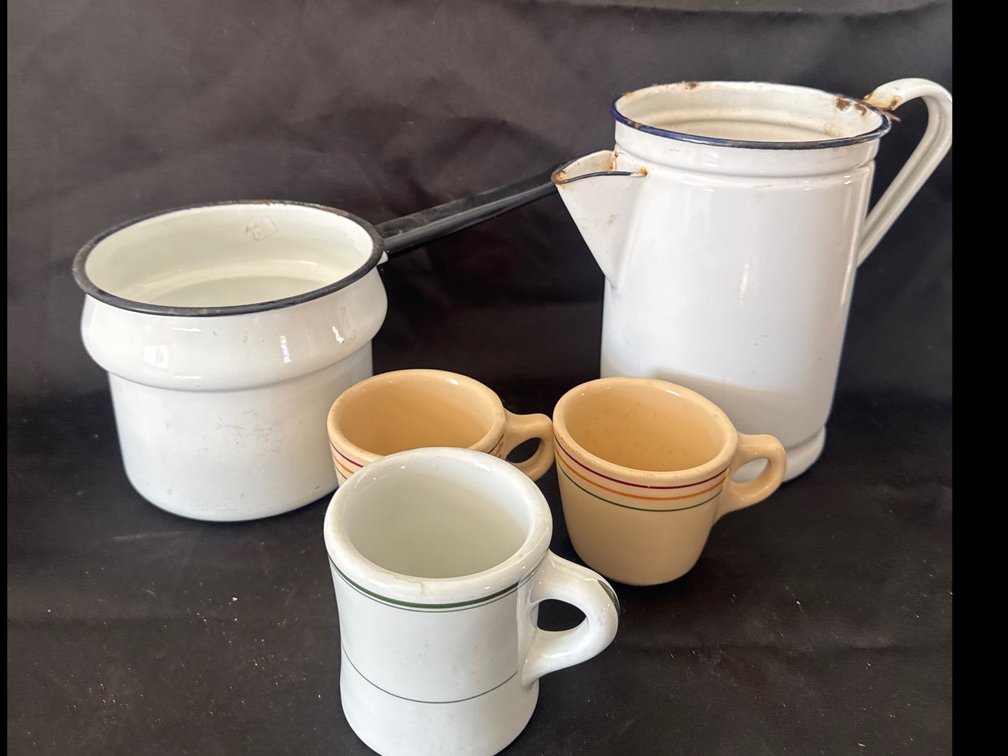 Enamelware Pitcher, Saucepan, and Ceramic Mugs