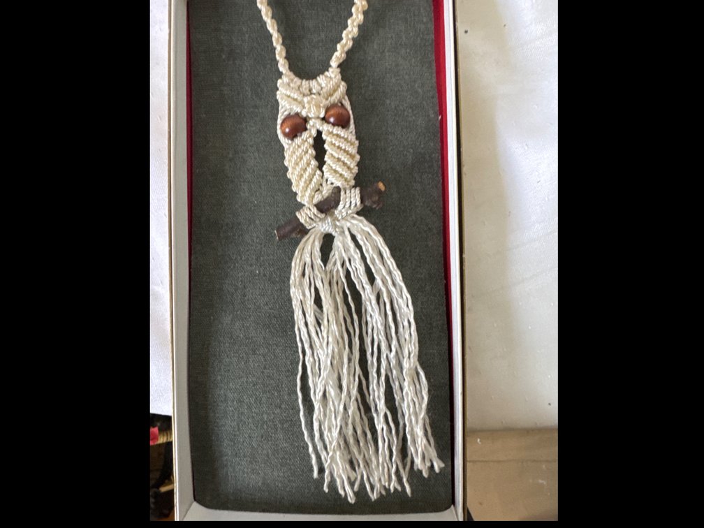 Cream Macrame Owl and Beaded Rope Necklace