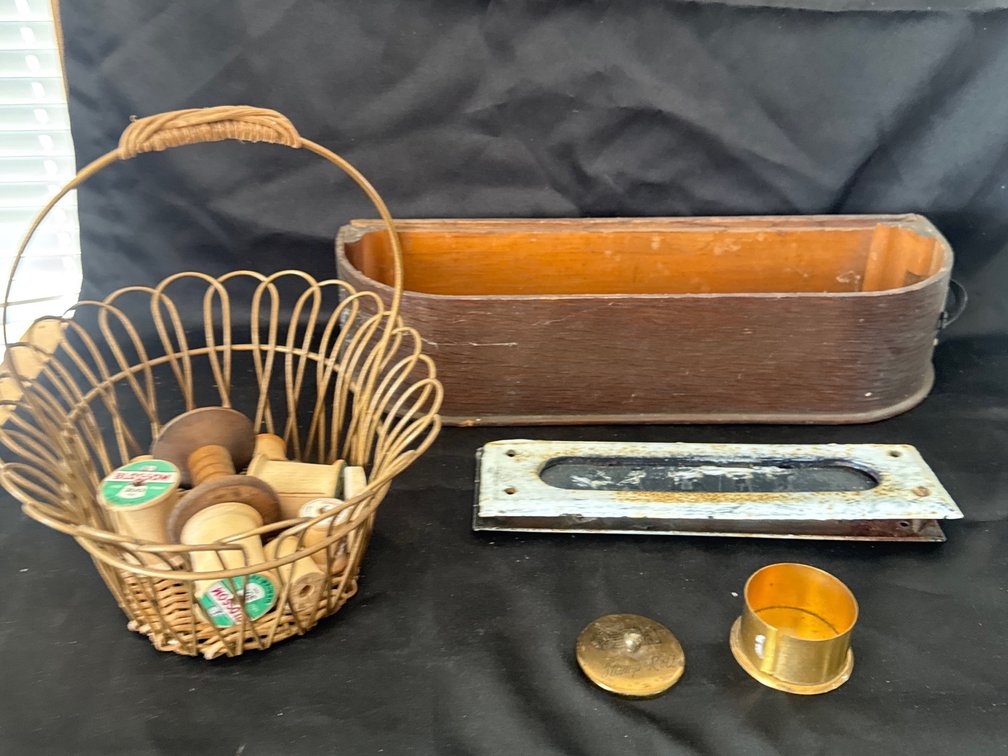 Wire Basket with Wooden Spools, Wooden Box, Mail Slot Frame, and Brass Stamp Roll Dispenser
