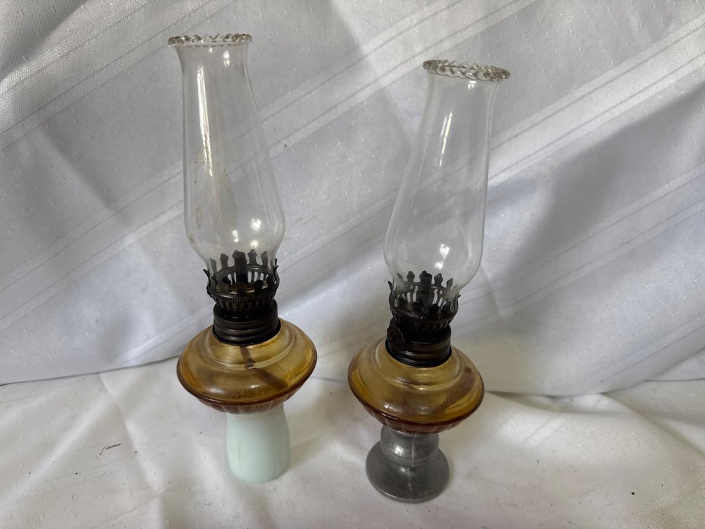 Pair of Miniature Amber Glass Peg Oil Lamps with Chimneys and 1 pueter