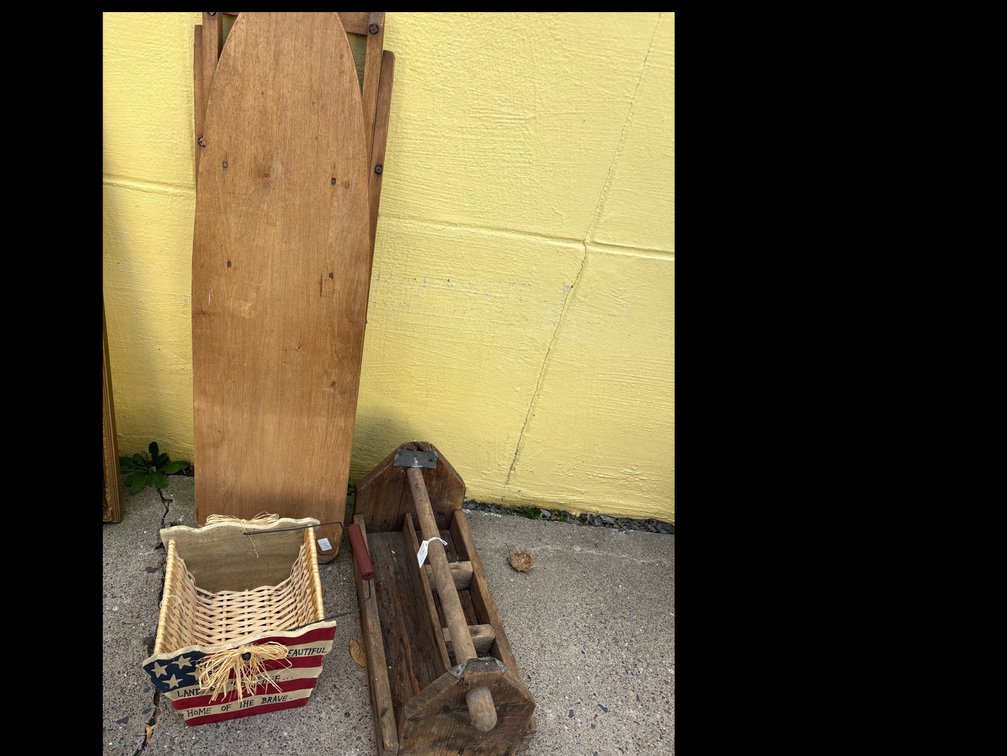 Wooden Folding Ironing Board, Rustic Wood Tool Caddy, and Americana Basket (3)