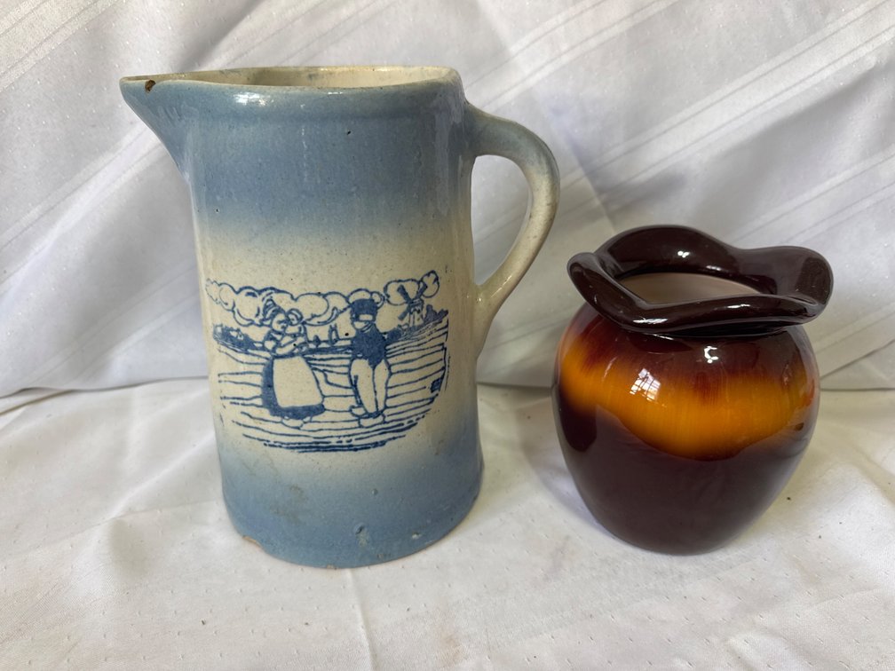 Stoneware Pitcher with Dutch Motif and Brown Glazed Ceramic Vase (2)