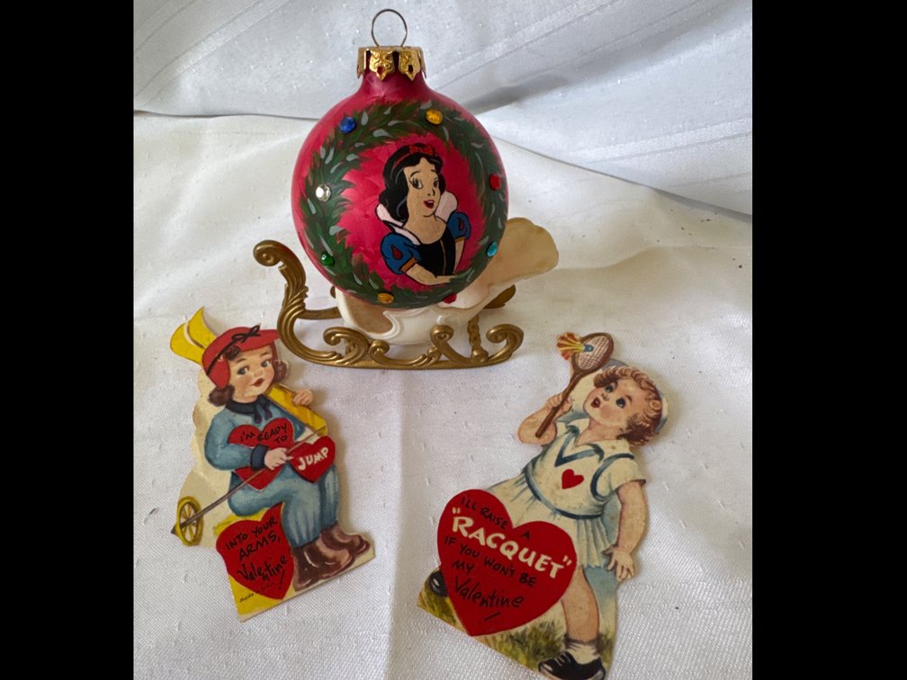 Painted Snow White Glass Ornament in Miniature Sleigh Stand and Die-Cut Valentine Cards