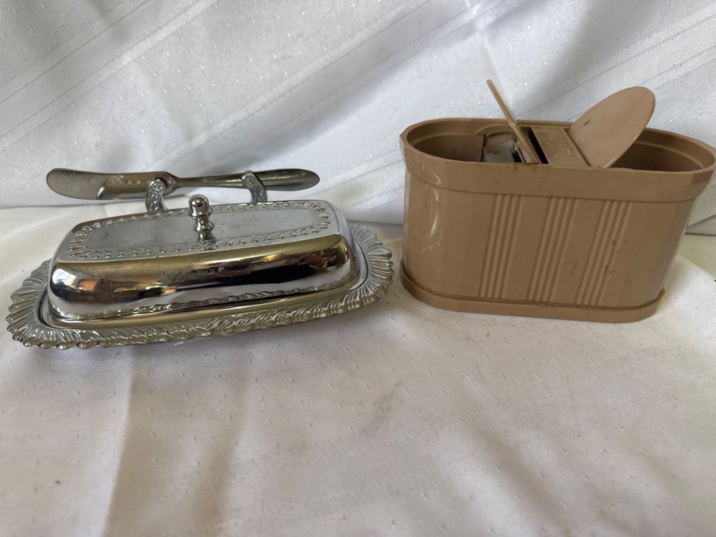 Silver-Tone Covered Butter Dish with Knife and Bert M. Morris Co. Flip A Dor Dispenser