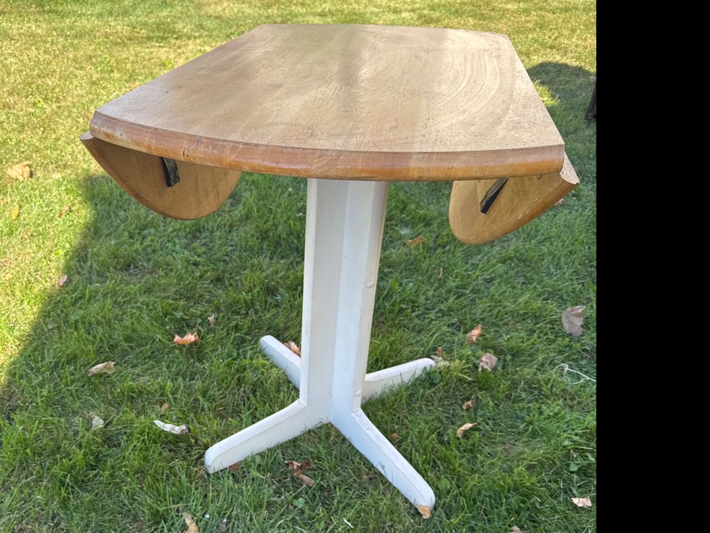 Round Wood Drop-Leaf Table with White Pedestal Base