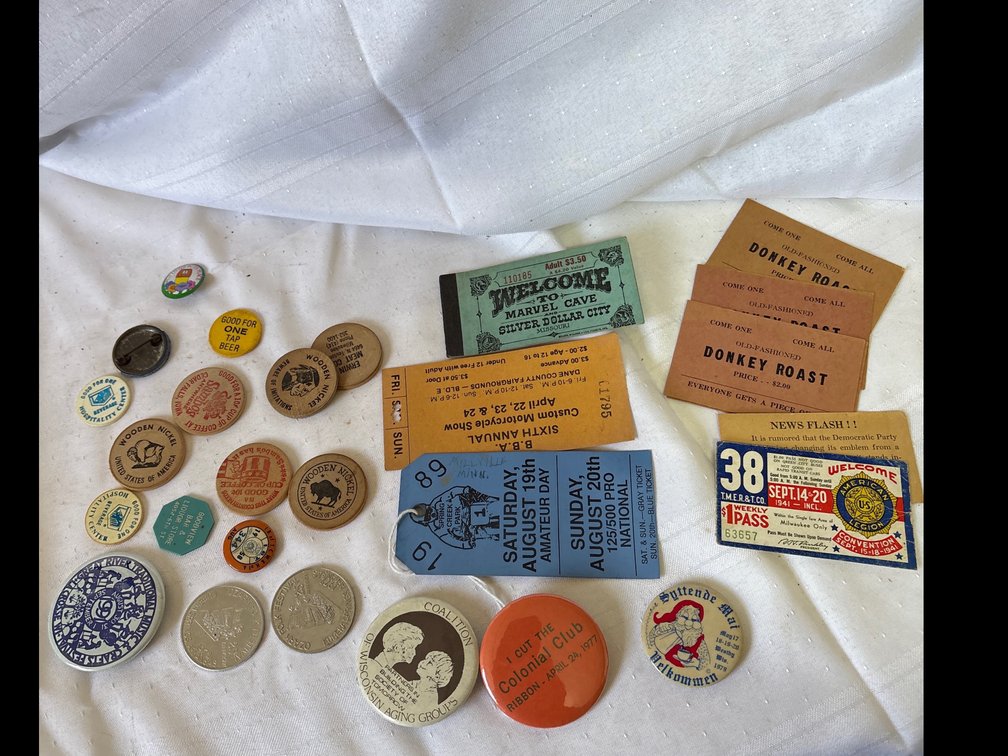 Collection of Event Tickets, 1941 Milwaukee Transit Pass, Pinback Buttons, Wooden Nickels, and Tokens